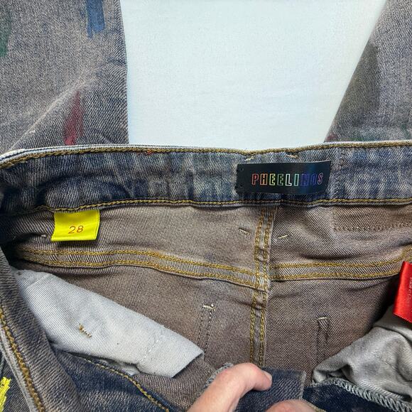 PHEELINGS Paint Splatter Distressed Skinny Jeans Colorful Artsy Denim Size 28 - Picture 7 of 12